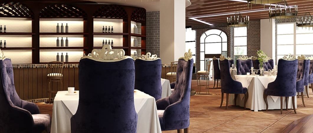 An elegant restaurant interior with purple upholstered chairs and wine shelves