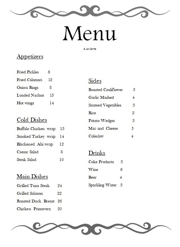 A la Carte Menus