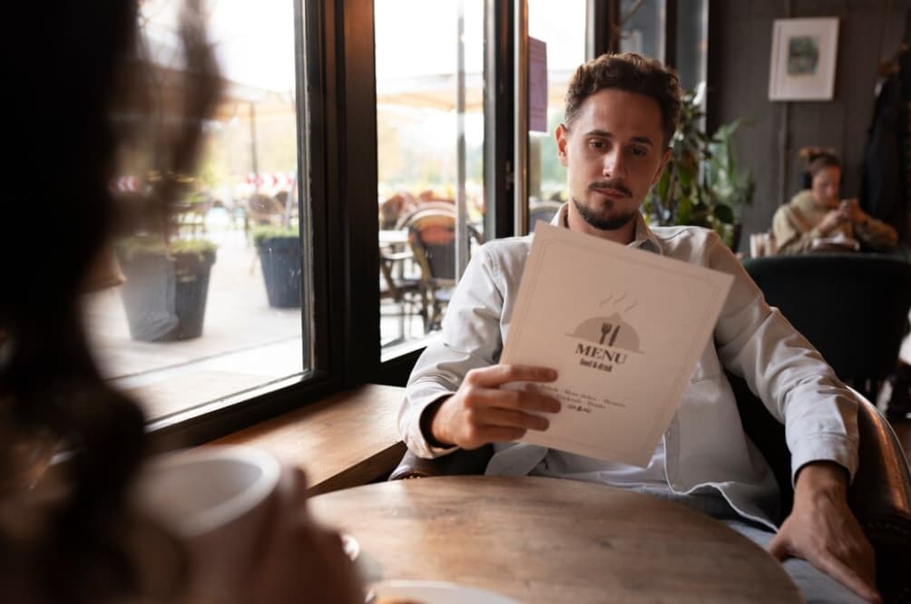 A man in a cafe looking at a menu, with another patron in the background