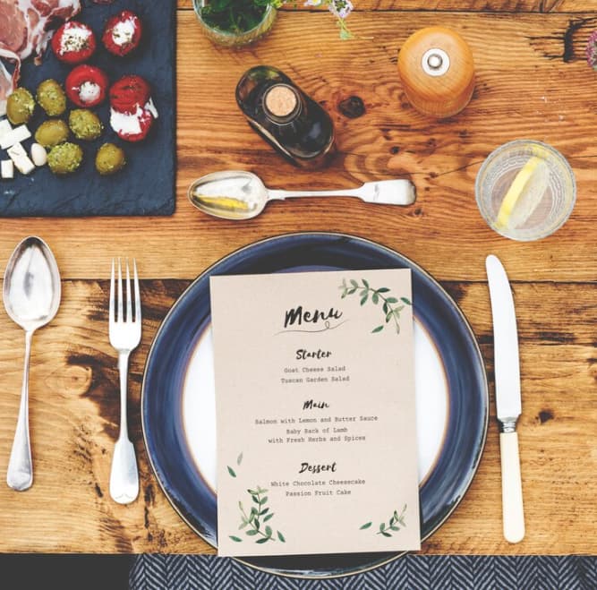 A decorated menu placed on a table set for dining with cutlery and plates